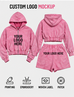 Ensemble pantalon de survêtement et sweat à capuche zippé en coton délavé à l'acide avec logo personnalisé streetwear short survêtement pour femmes
