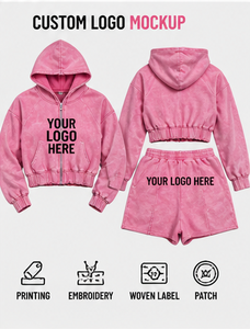 Custom logo Vintage Cotton Acid Wash <b>Zip</b> <b>up</b> Crop Sweatpants and Hoodie Set Streetwear Shorts Sweatsuit Tracksuits for Women - Product Image 6