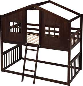 Espresso Solid <b>Wood</b> Twin-Over-Twin Bunk Bed Frame with <b>Ladder</b>, Roof & Safety Guardrails for Apartment, Hotel & Villa - Product Image 3