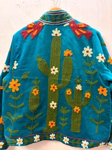Veste en velours vert sarcelle pour femme, col montant, fermeture éclair, broderie florale cactus, style Prairie Chic, veste brodée florale à fermeture éclair - Product Image 5