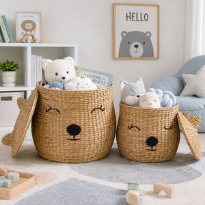 Wholesale Water Hyacinth Bear <b>Basket</b> with Lid Handmade Woven Kids <b>Toy</b> <b>Storage</b> <b>Basket</b> Nursery Organizer Home Decor OEM - Product Image 6