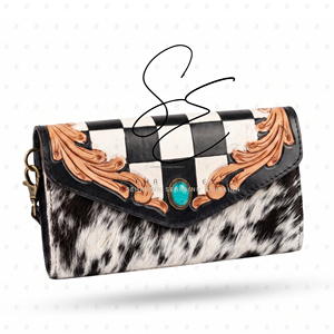 Southwest Hair On Hide Genuine <b>Leather</b> Wallet Women <b>Tooled</b> Western Clutch Cowgirl Checkered Design Wristlet with Turquoise Stone - Product Image 2