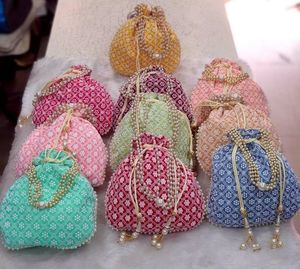 Indian Handmade Chikankari Embroidery Wrist <b>Handbag</b> Unisex Cotton Satin Lining Wedding Gift/Party Favor Coin Potli String - Product Image 4