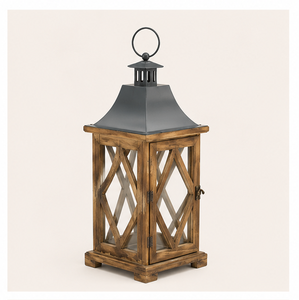Farol de Madera Hecho a Mano con Patrón de Rejilla de Diamantes y Tapa de Metal, Farol Decorativo Vintage para Decoración de Jardín - Product Image 1