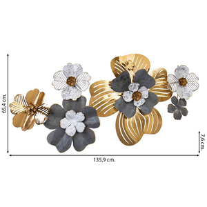 Décoration murale en métal doré, gris et blanc, motif floral contemporain, arrangement floral sculptural pour salon et chambre de luxe - Product Image 2