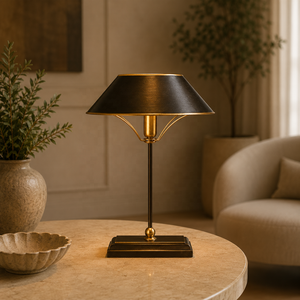 Lampe de table en métal Midnight Arc avec abat-jour conique large, artisanat en fer de qualité supérieure, éclairage d'ambiance chaleureux pour les espaces de vie de luxe - Product Image 1