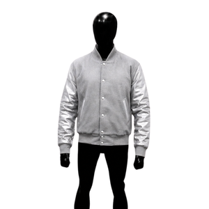 PREMIUM <b>SILVER</b> BOMBER VARSITY <b>JACKET</b> MOCKUP FRONT VIEW HIGH QUALITY With Satin Sleeves Regular Fit Turn-down Collar Casual Autum - Product Image 1