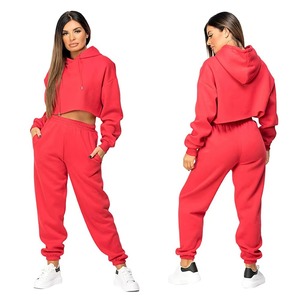 Conjunto Deportivo de Sudadera Corta Roja para Mujer, Manga Larga, Color Sólido, Corte Holgado Informal, con Bolsillos Laterales, Cintura Elástica, Ropa de Otoño - Product Image 4