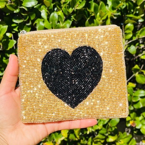 Beaded <b>Coin</b> <b>Purse</b> With Black Heart Pattern Handmade pouch Zipper Closure Mini Style luxury beaded <b>coin</b> superb pouch at low price - Product Image 1