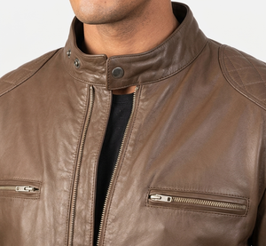 Veste en cuir véritable pour homme, style Cafe Racer, épaules matelassées, coupe ajustée, style motard, col montant élégant - Product Image 6