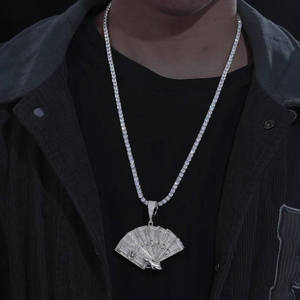 Pendentif Hip Hop Micro-Pavé en Or Plaqué pour Femme, Motif Éventail en Zircon, Ensemble de Bijoux Classiques et Élégants, Vente par Lot de Douze Pièces - Product Image 1