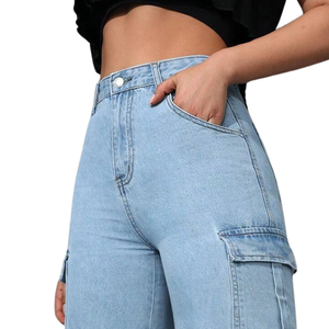 Jean cargo en denim bleu clair pour femme, taille haute, coupe ample, jambe large, multi-poches, style décontracté streetwear, respirant et séchage rapide pour l'automne - Product Image 3