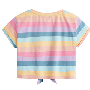 Top Corto a Rayas Arcoíris para Mujer, Camiseta con Nudo, Informal, de Verano, de Manga Corta, a la Moda - Product Image 2