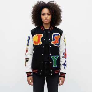 Custom Men's Black Wool Varsity Jacket Leather Sleeve Fire Society California Patch Streetwear Baseball Letterman Jacket Winter - Product Image 6