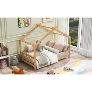 Letto a piattaforma matrimoniale naturale con testiera e pediera, letti per bambini con design unico a tetto - Product Image 3