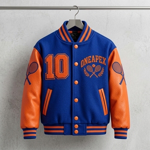 Veste de baseball pour homme, bleu et orange, en laine avec manches en cuir, design brodé, veste bomber d'équipe - Product Image 1