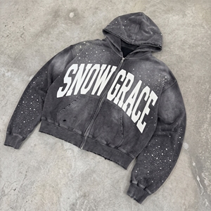Sudadera con Capucha y Cremallera para Hombre Snow Grace, Corte Holgado, Estilo Informal de Invierno, Diseño con Letras Impresas en Negro - Product Image 5