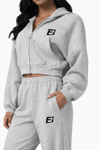 Conjunto de Sudadera con Capucha Corta para Mujer, Color Gris Sólido, Manga Larga, Cierre Frontal con Cremallera, Logotipo, Ropa Casual de Otoño, Sudaderas de Felpa - Product Image 5