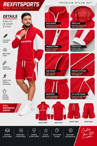REXFIT SPORTS 2026 Breathable Mens Red <b>White</b> Nylon <b>Tracksuit</b> Set Half Zip Pullover Jacket and Shorts Custom Sports Streetwear - Product Image 6