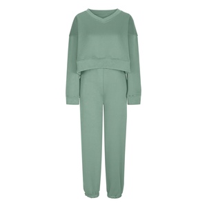 2025 personalizado Jogger algodón polar conjunto de 2 piezas mujeres al por mayor Crop Top Oversize algodón orgánico Sudadera con capucha conjunto de chándal - Product Image 5