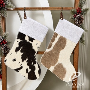 Wholesale Handmade Genuine Cowhide Leather <b>Christmas</b> <b>Stocking</b> with White Soft Faux Fur Cuff Rustic Holiday Home Decoration - Product Image 1