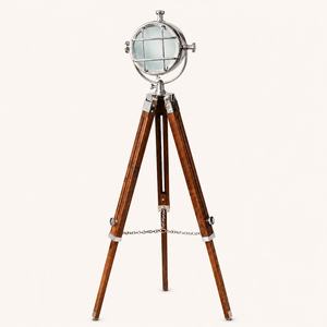 Modern Design Wooden <b>Tripod</b> <b>Floor</b> <b>Lamp</b> Round Adjustable Spotlight With Metal Cage And Chain Support - Product Image 1