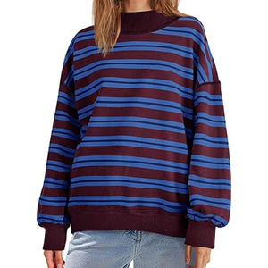Sudadera de cuello alto a rayas azul burdeos para mujer con hombros caídos, mangas largas holgadas y dobladillo con banda, para uso diario. - Product Image 4