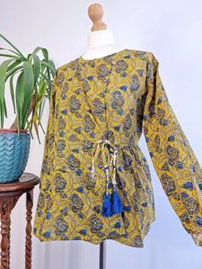 Blusa Bohemia azul mostaza terrosa de algodón puro Top indio Bagru Block verano Elegante ropa de día cómoda - Product Image 5