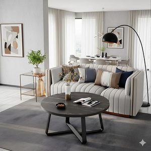 Table basse ronde moderne avec plateau en marbre noir et structure en métal, table de salon contemporaine - Product Image 4