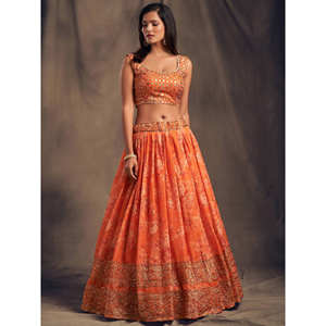Festival de organza estampado floral naranja Lehenga Choli - Product Image 4