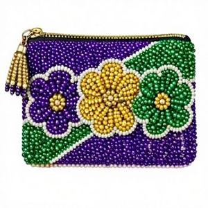 Beaded Purple <b>Green</b> Yellow Flower Coin <b>Purse</b> Zipper Closure Handmade Bohemian Style Mini Unisex - Product Image 4