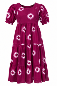 Magenta Solid Eco-Friendly Vintage Floor-Length Dress Short Sleeve Cotton Bohemian Neck Fit and Flare Plus Size Party Wear - Product Image 3