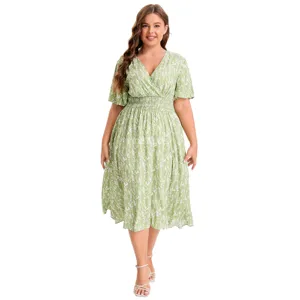 2023 vendita calda su misura donne Plus Size donne vestono cotta collo arricciato Flora vestito Casual produttore OEM