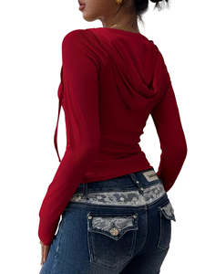 Sudadera con capucha y cremallera para mujer, top corto de manga larga, tejido de punto, color sólido, transpirable, para otoño - Product Image 6
