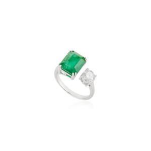 Productos más vendidos, bajo MOQ, anillo abierto de oro blanco macizo K14 con doble engaste de esmeralda y diamante para bodas y fiestas. - Product Image 3