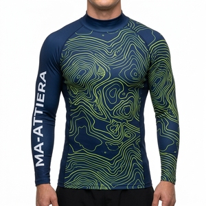 Men <b>Long</b> <b>Sleeve</b> <b>Compression</b> <b>Shirt</b> Navy Green Contour Graphic Mock Neck Gym Fitness Running Training Sportswear Base Layer - Product Image 1