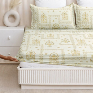 Luxury Beige Ethnic Printed Cotton Fitted Bedsheet |Soft Breathable Premium <b>Bedding</b> <b>Set</b> with Elastic Bed Linen for Bedroom Decor - Product Image 1