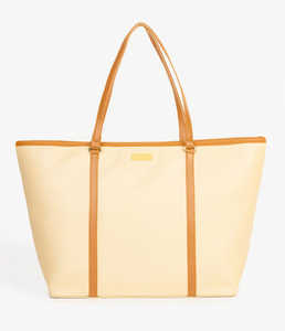 Sac fourre-tout en toile crème avec poignées en cuir marron, design uni portable, écologique, tissé, fournisseur OEM - Product Image 1