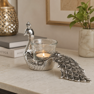 Handcrafted Metal Peacock <b>Tealight</b> <b>Candle</b> <b>Holder</b> with Glass Votive | Decorative Tabletop Home Décor & Gift - Product Image 6