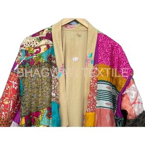 Handmade Indian Vintage Silk <b>Saree</b> Gown Floral Kimono Style Multi-Color Thermal Sleepwear Bathrobe for Summer Daily Life - Product Image 4