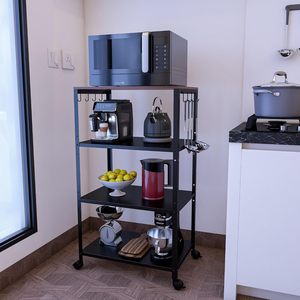 4 Tier Metal Microwave Stand with Wheels | Kitchen Oven Rack with <b>Hooks</b> Multipurpose Storage <b>Shelf</b> for OTG & Appliances - Product Image 5
