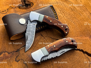 UA Supplies Industrial Grade Custom Wooden <b>Handle</b> Damascus Steel Folding <b>Knife</b> Clip Point Blade Straight Edge 6.5in <b>Knife</b> - Product Image 6