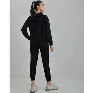 Ensemble de survêtement noir personnalisé pour femme, sweat à capuche zippé et pantalon de jogging assorti, tenue de sport décontractée deux pièces - Product Image 3