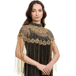 Chandni Export House Adult <b>Black</b> Gold Beaded Embroidery Cape with Fringe Pearls and <b>Sequins</b> Polyester Wedding <b>Jacket</b> Wrap - Product Image 2