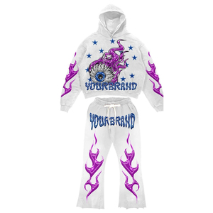 Custom Men's Oversized Tracksuit Black <b>White</b> Purple Flame Print Eyeball Graphic Star Flared Sweatpants Hoodie <b>Set</b> Wholesale Bulk - Product Image 4