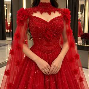 <b>Red</b> Modern Ball Gown Women's Evening Dress Premium Sequined Beaded Embellished <b>Corset</b> Bodice Floral Applique High Neck Chapel - Product Image 4