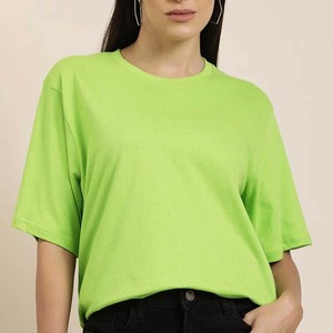 Camiseta de Manga Corta con Cuello Redondo Extra Grande para Mujer, Color Verde Sólido, Corte Holgado, Tejida, 100% Algodón, Transpirable, Top de Primavera/Verano - Product Image 1