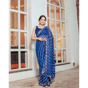 Magnifique sari en mousseline de soie bleu Leheriya, design de créateur, pour fêtes et mariages, haute qualité, taille unique, vente en gros - Product Image 5