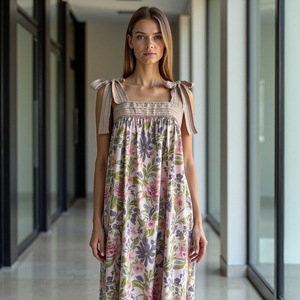 Vestido Maxi de Algodón Adya International, Estampado Floral Multicolor, Estilo Bohemio, Ajuste Cómodo y Ligero, Tirantes con Lazo, Rosa Cebolla - Product Image 2