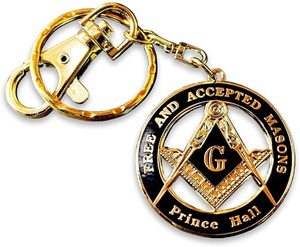 F&AM Prince Hall Medallion Masonic Keychain - [<b>Black</b> & Gold][1 1/2'' Diameter] Metal Key Chain Charm - Product Image 1